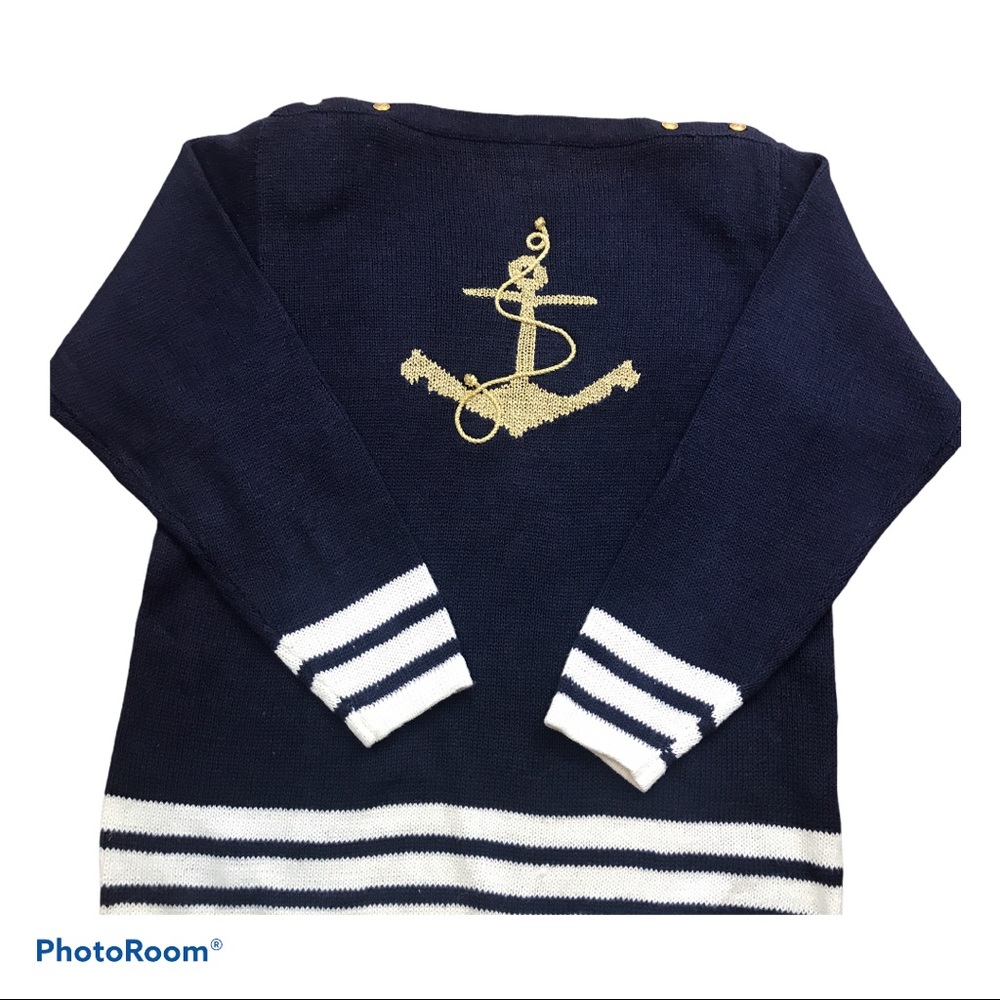 Vtg Nautical Anchor Sweater Blue Oversized Medium